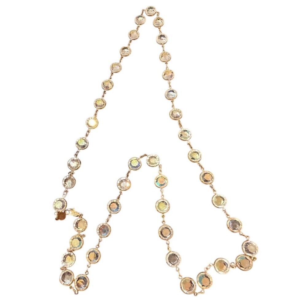 Vintage Austrian Crystal USA 34" AB Aurora Borealis Gold Tone Bezel Necklace
